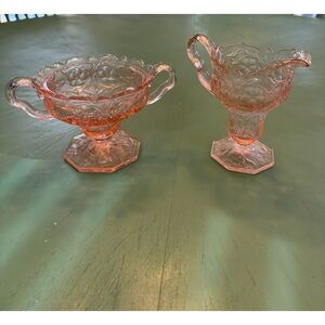 VINTAGE MCKEE ROCK CRYSTAL PINK DEPRESSION GLASS CREAM & SUGAR W/ LID RARE